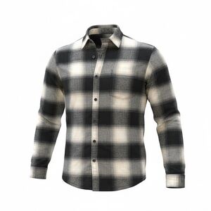Hollister Men’s Black and Cream Plaid Flannel Shirt Size Medium